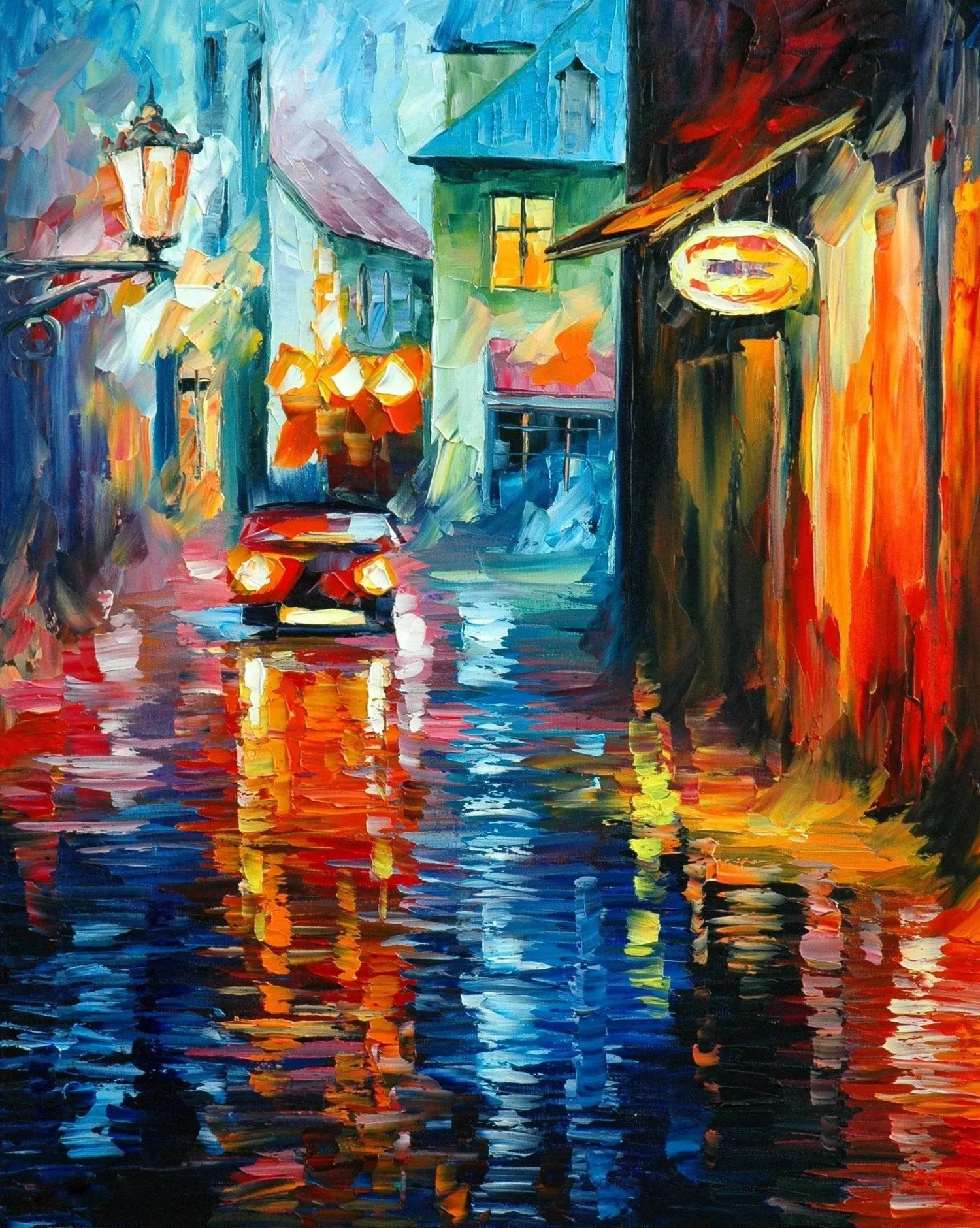 Abstract Landscape Oil Painting - Urban Rainy Night with Reflections - Oil Painting Haven