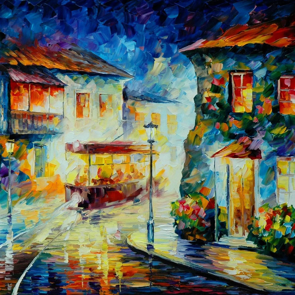 Abstract Landscape Oil Painting - Urban Rainy Night with Shopfronts - Oil Painting Haven