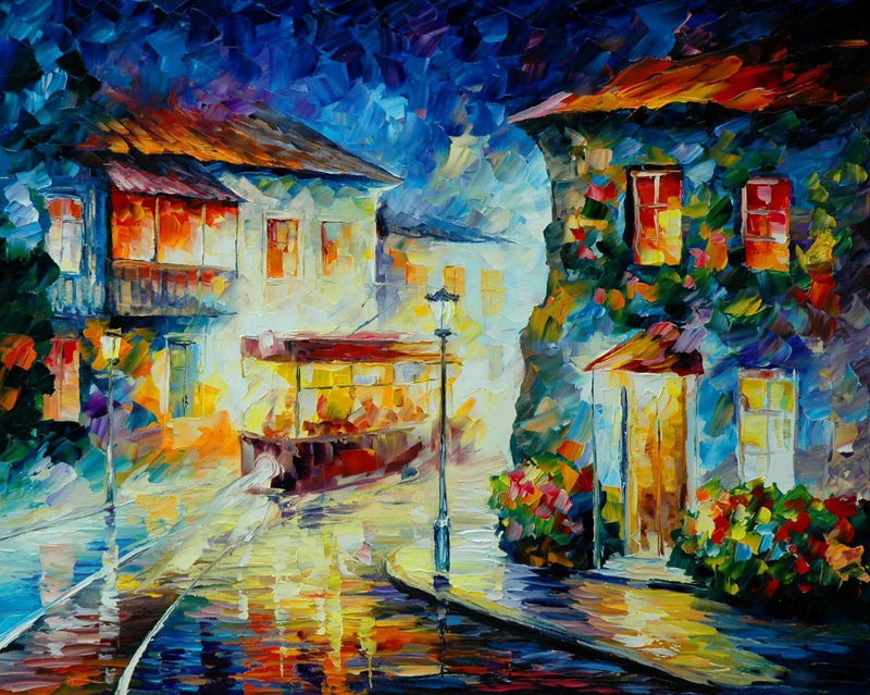Abstract Landscape Oil Painting - Urban Rainy Night with Shopfronts - Oil Painting Haven