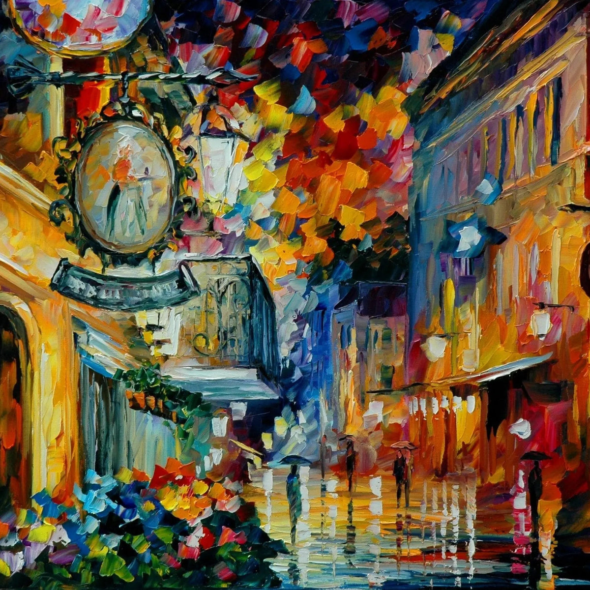 Abstract Landscape Oil Painting - Urban Rainy Night with Storefronts - Oil Painting Haven