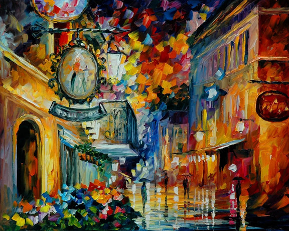 Abstract Landscape Oil Painting - Urban Rainy Night with Storefronts - Oil Painting Haven