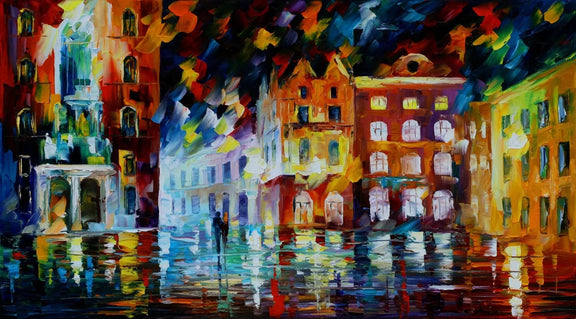 Abstract Landscape Oil Painting - Urban Square Rain Reflections - Oil Painting Haven