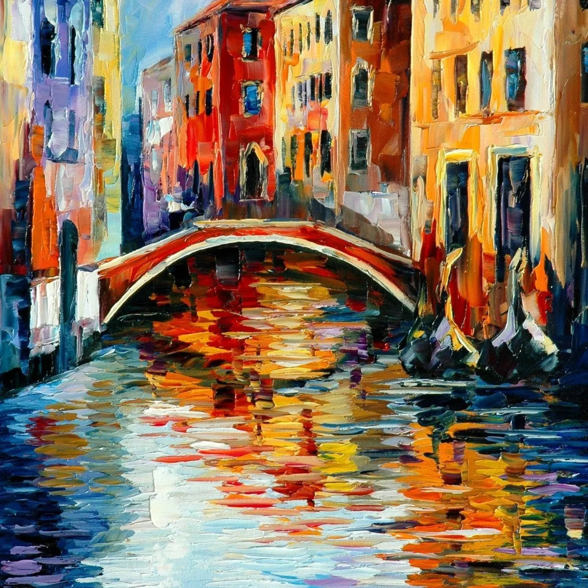 Abstract Landscape Oil Painting - Venetian Canal with Bridge - Oil Painting Haven