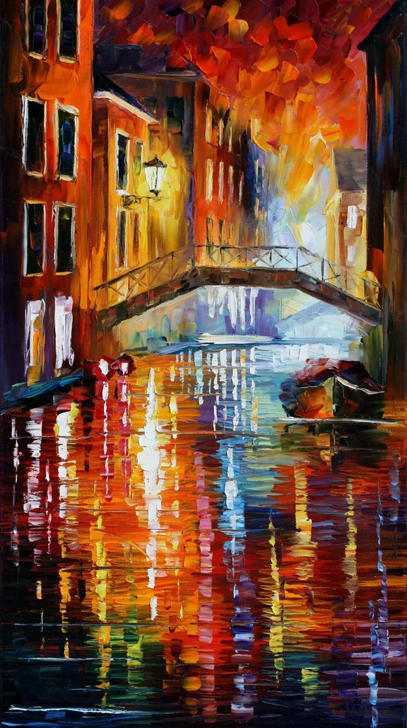 Abstract Landscape Oil Painting - Venice Night Canal Reflections - Oil Painting Haven