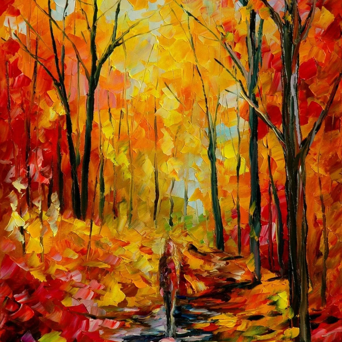 Abstract Landscape Oil Painting - Vibrant Autumn Forest with Figure - Oil Painting Haven
