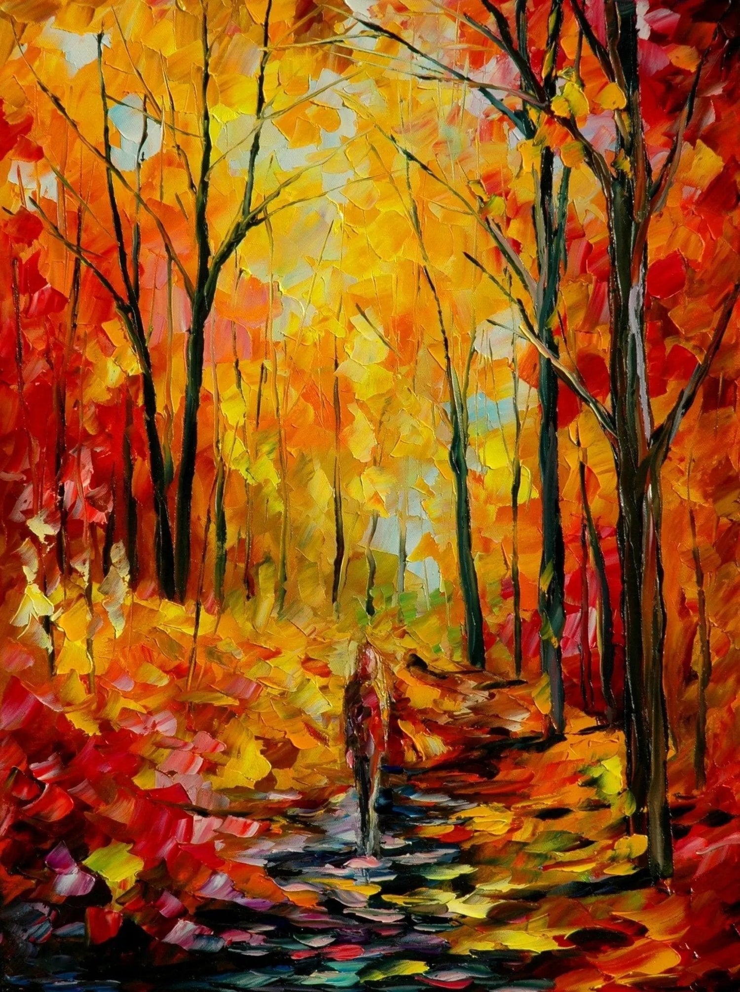 Abstract Landscape Oil Painting - Vibrant Autumn Forest with Figure - Oil Painting Haven