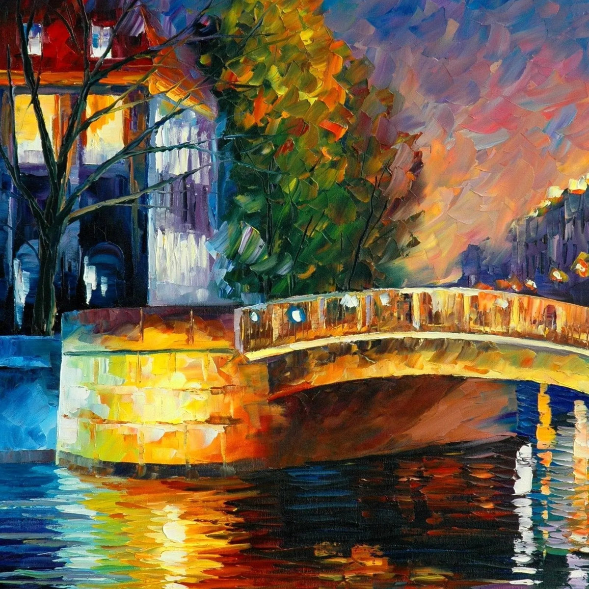 Abstract Landscape Oil Painting - Vibrant Bridge & River Evening Scene - Oil Painting Haven