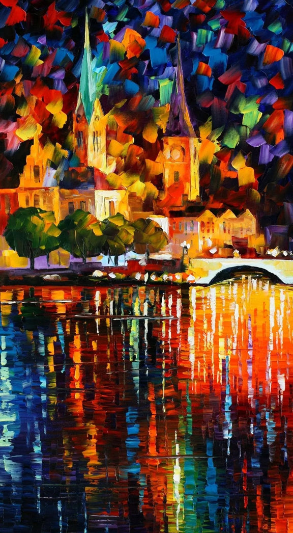 Abstract Landscape Oil Painting - Vibrant City River Scene - Oil Painting Haven