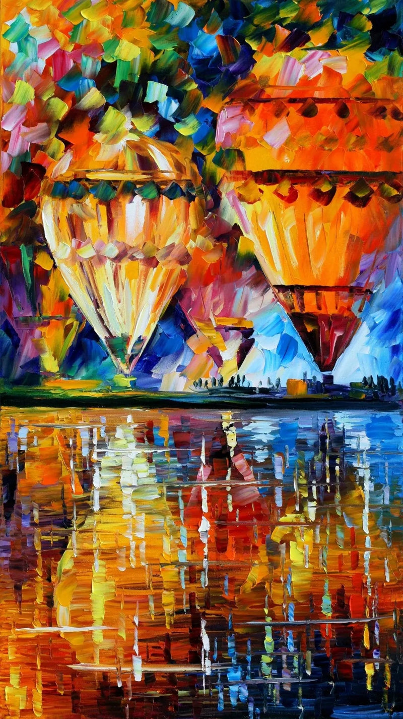 Abstract Landscape Oil Painting - Vibrant Hot Air Balloons Over Water - Oil Painting Haven