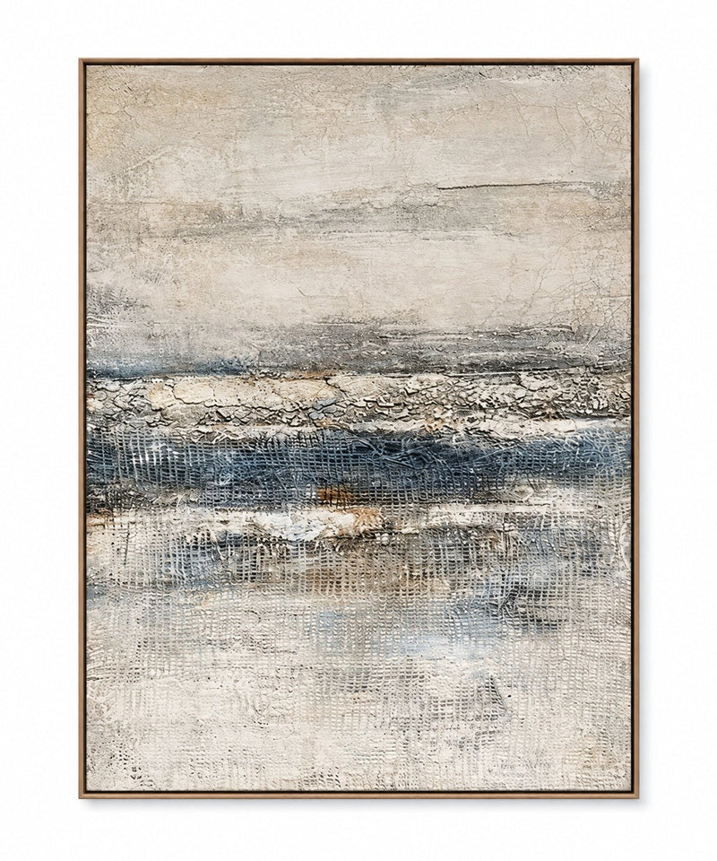 Abstract Oil Painting - Beige and Blue Textured Minimalist Canvas