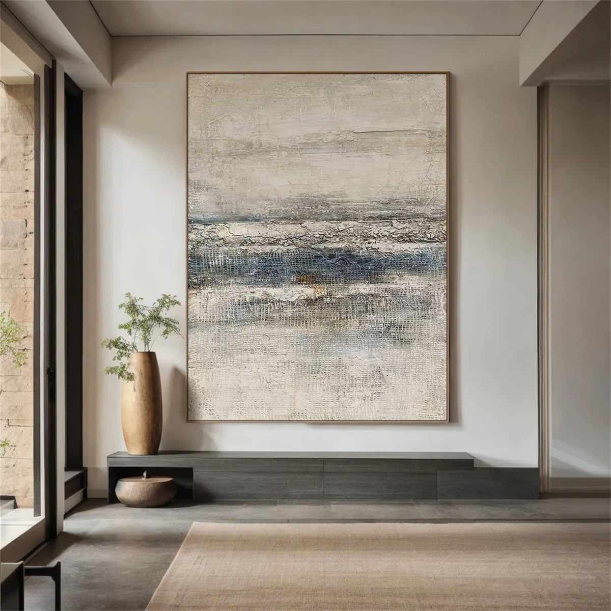 Abstract Oil Painting - Beige and Blue Textured Minimalist Canvas