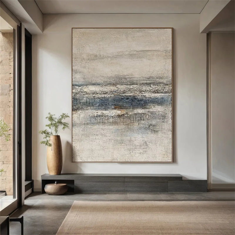 Abstract Oil Painting - Beige and Blue Textured Minimalist Canvas