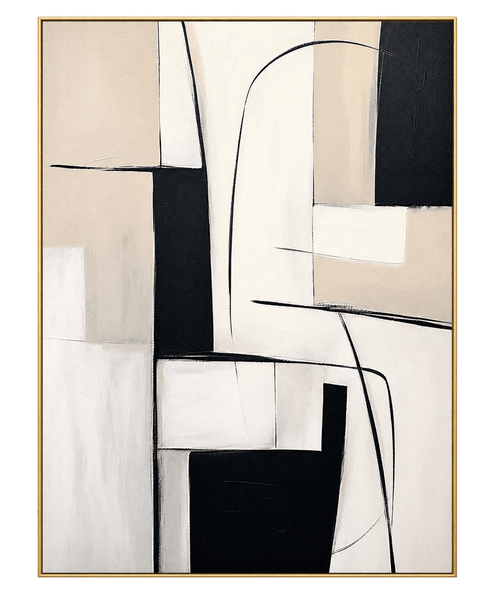 Dipinto a olio astratto - Arte da parete a linee geometriche nere e beige