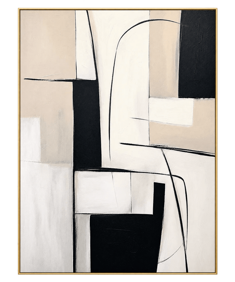 Dipinto a olio astratto - Arte da parete a linee geometriche nere e beige