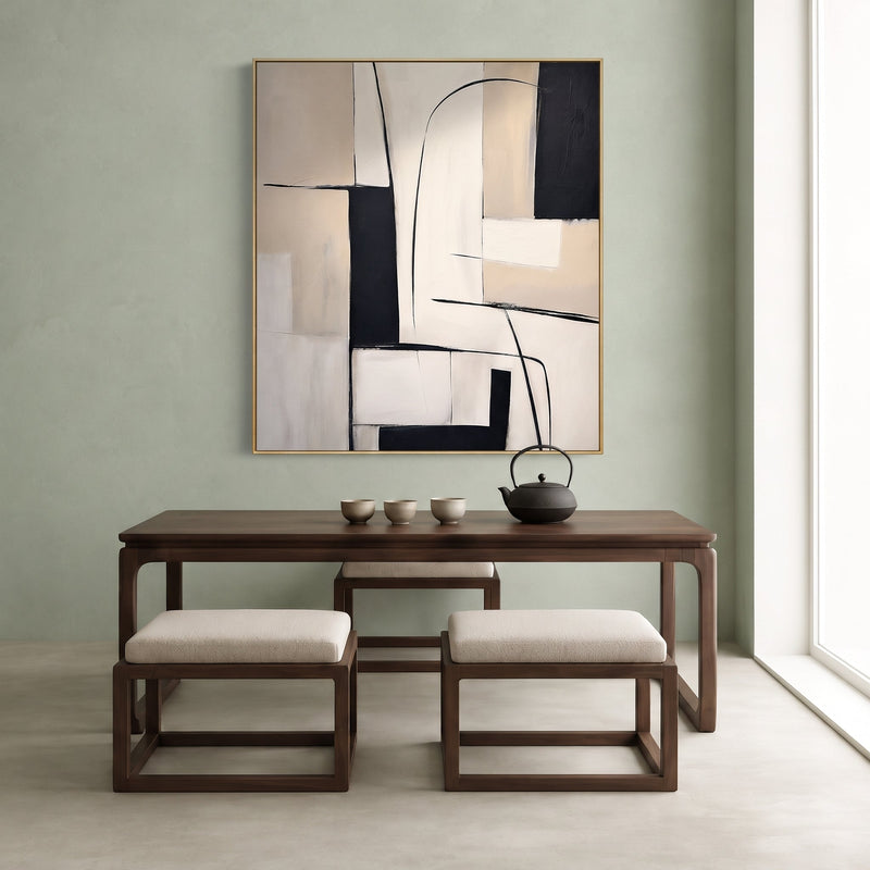 Dipinto a olio astratto - Arte da parete a linee geometriche nere e beige