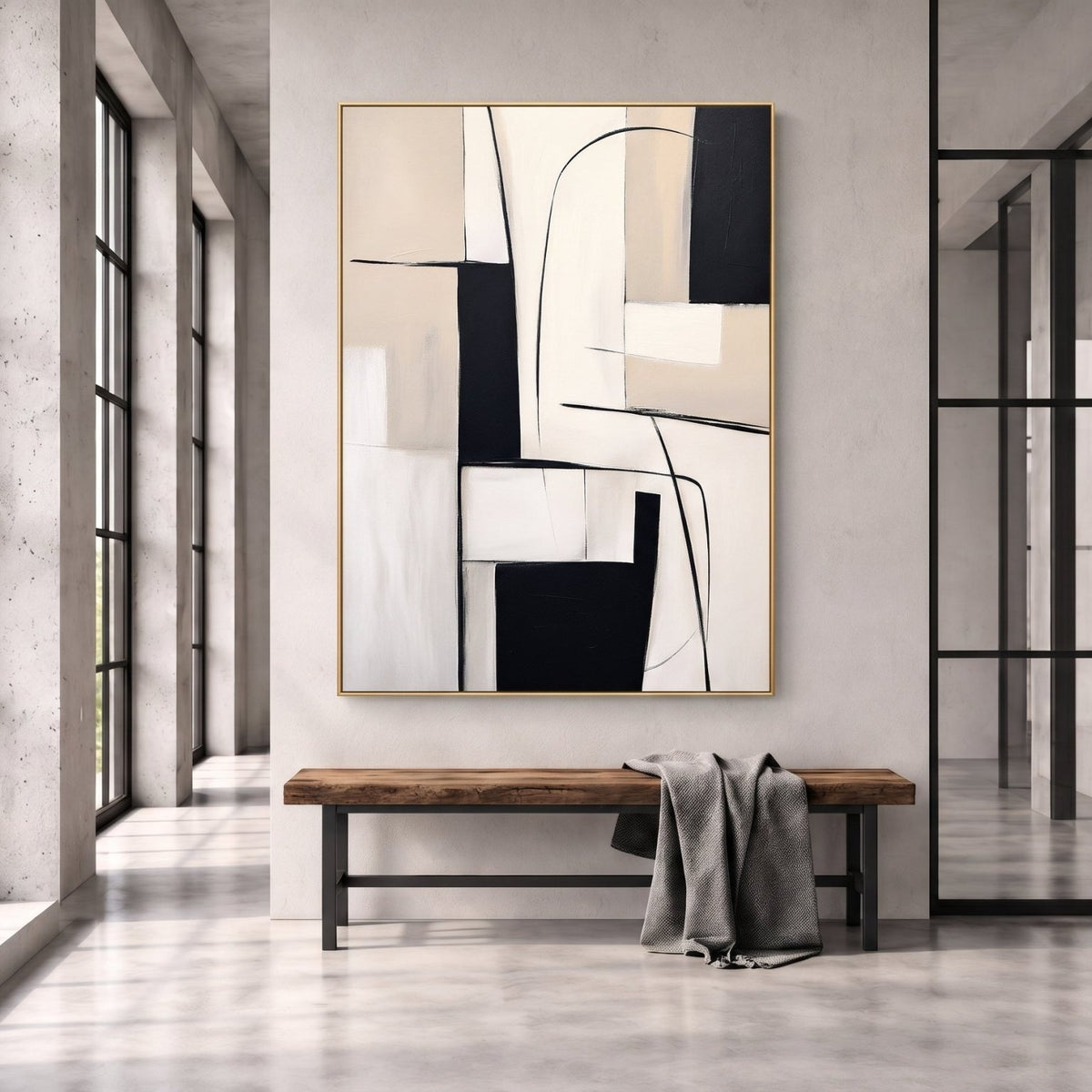 Dipinto a olio astratto - Arte da parete a linee geometriche nere e beige