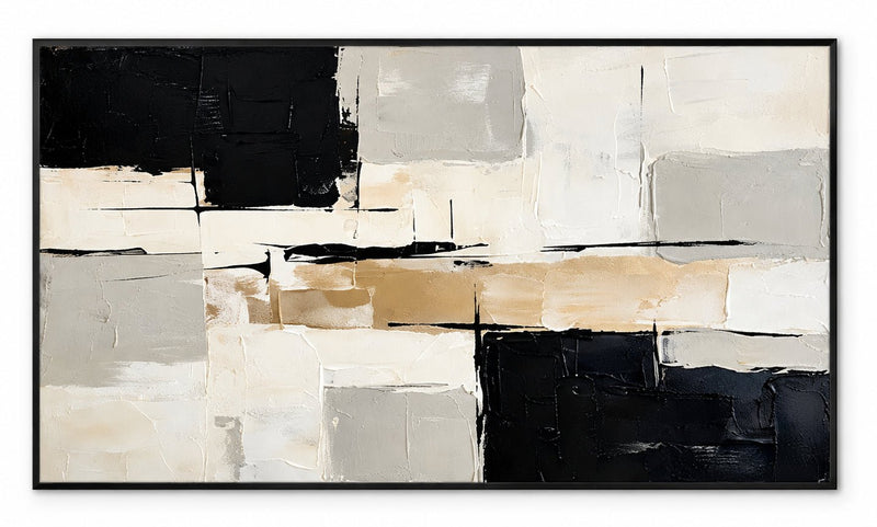 Pintura al óleo abstracta - Lienzo texturizado geométrico en negro y beige