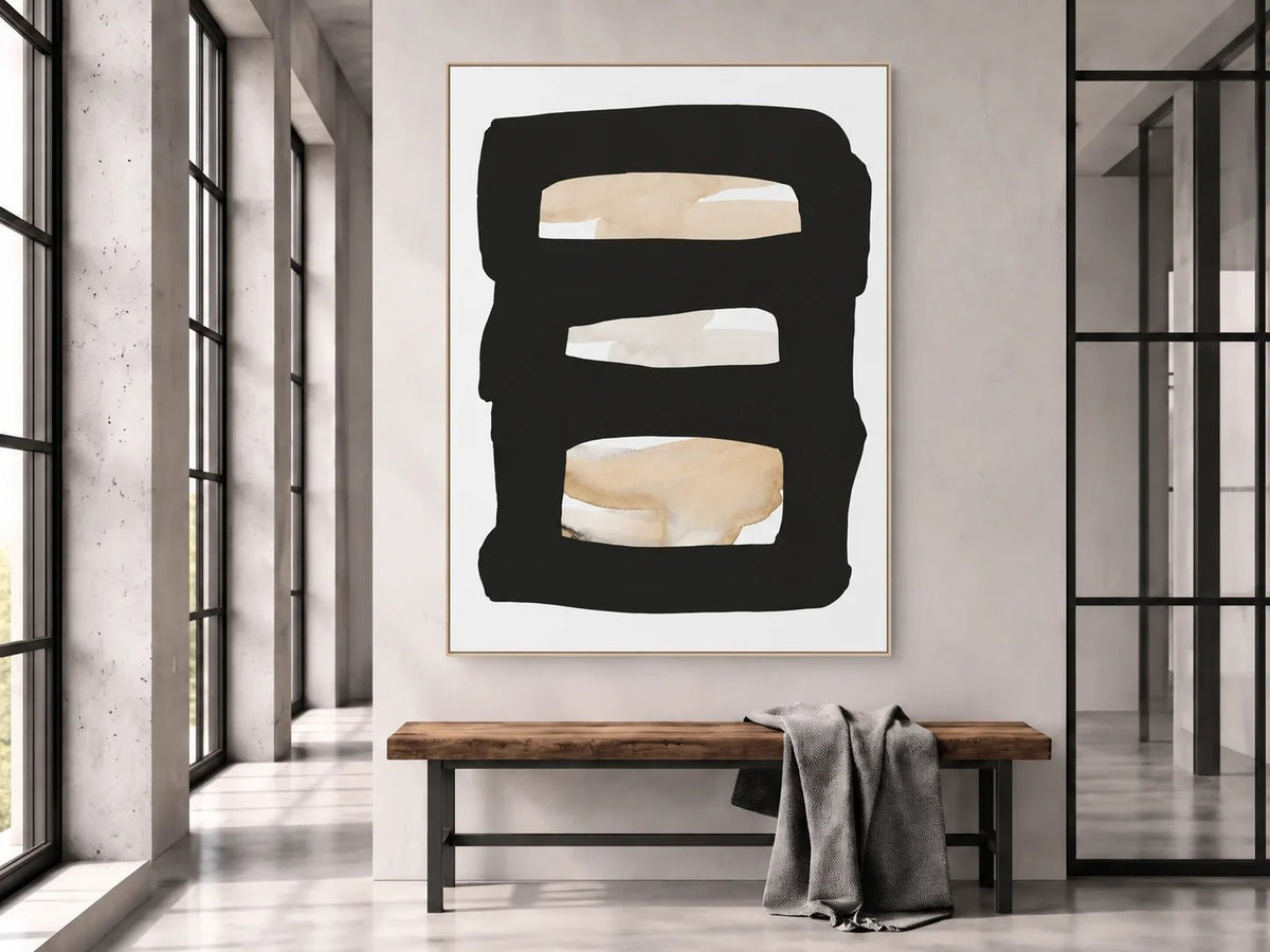 Abstract Oil Painting - Black and Beige Modern Geometric Wall Art
