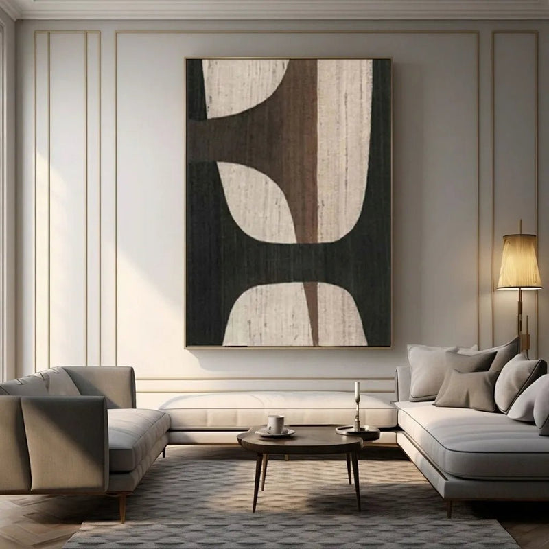 Abstract Oil Painting - Black and Brown Minimalist Geometric Art