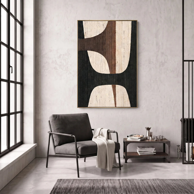 Abstract Oil Painting - Black and Brown Minimalist Geometric Art