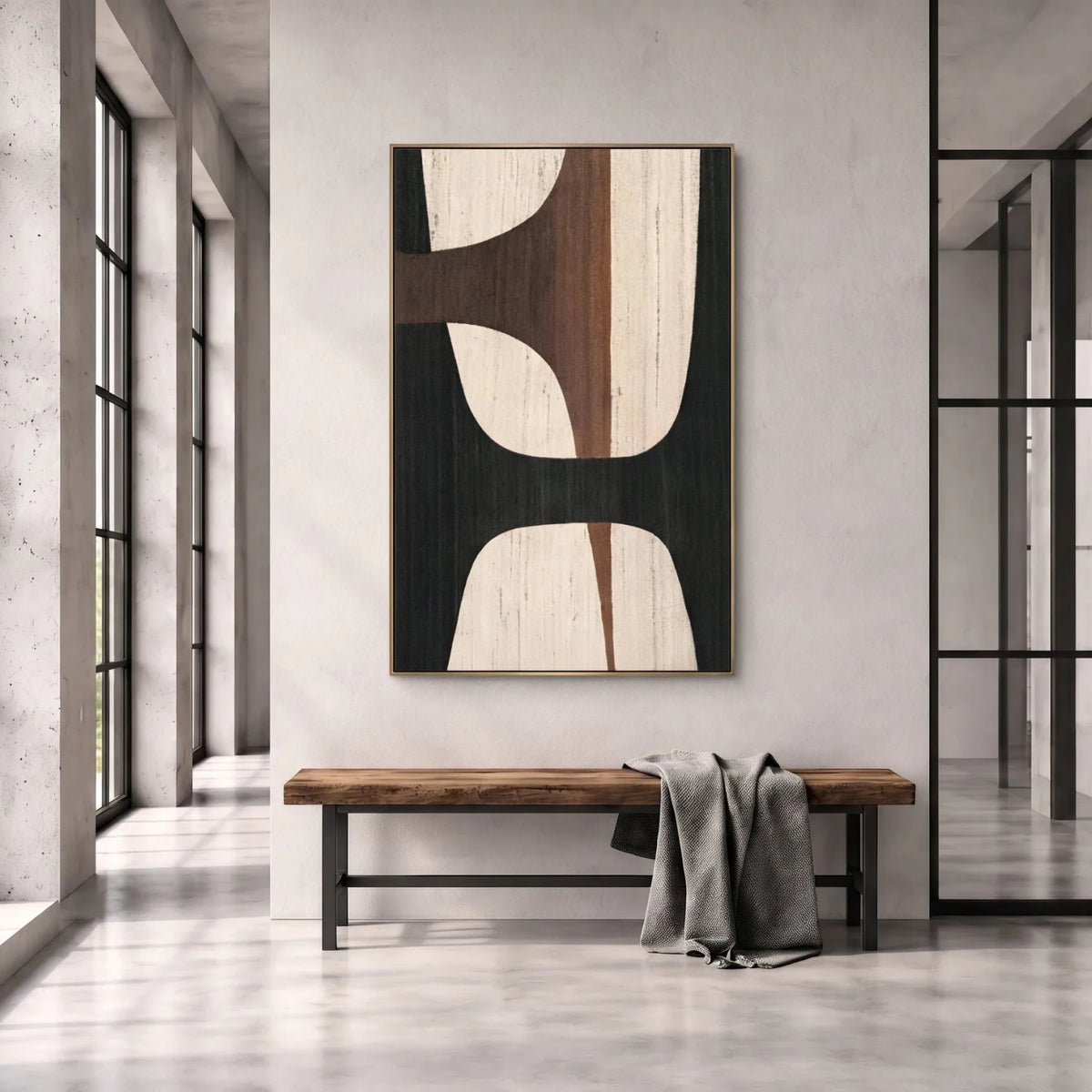 Abstract Oil Painting - Black and Brown Minimalist Geometric Art