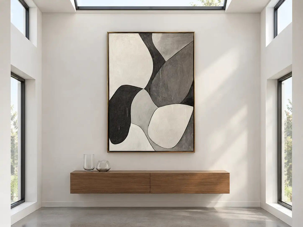 Abstract Oil Painting - Black and Gray Organic Geometric Wall Art