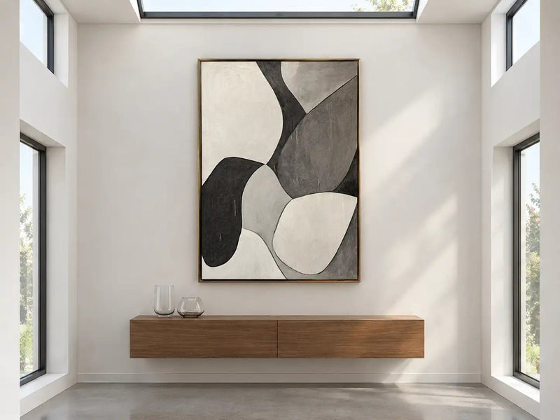 Abstract Oil Painting - Black and Gray Organic Geometric Wall Art