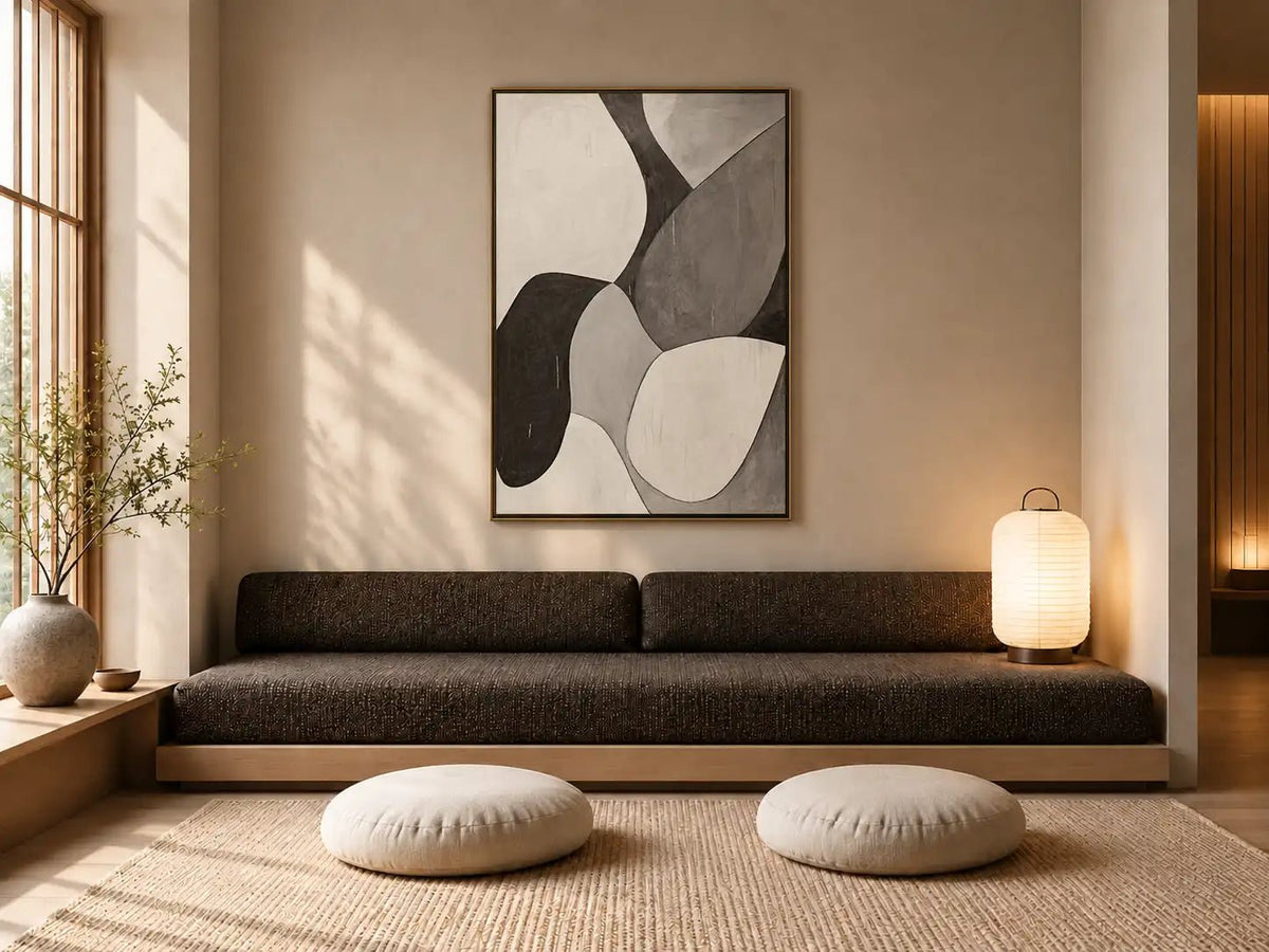 Abstract Oil Painting - Black and Gray Organic Geometric Wall Art