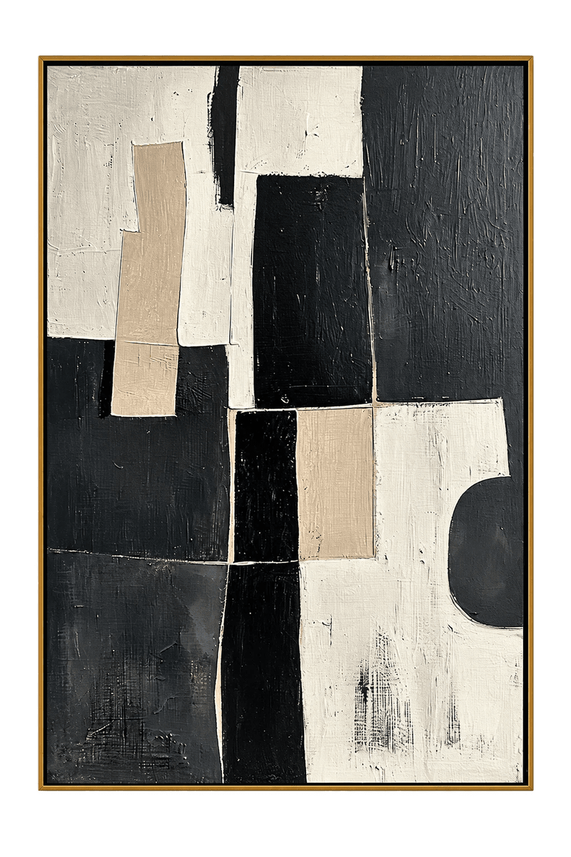Abstract Oil Painting - Black and Ivory Geometric Blocks Wall Art