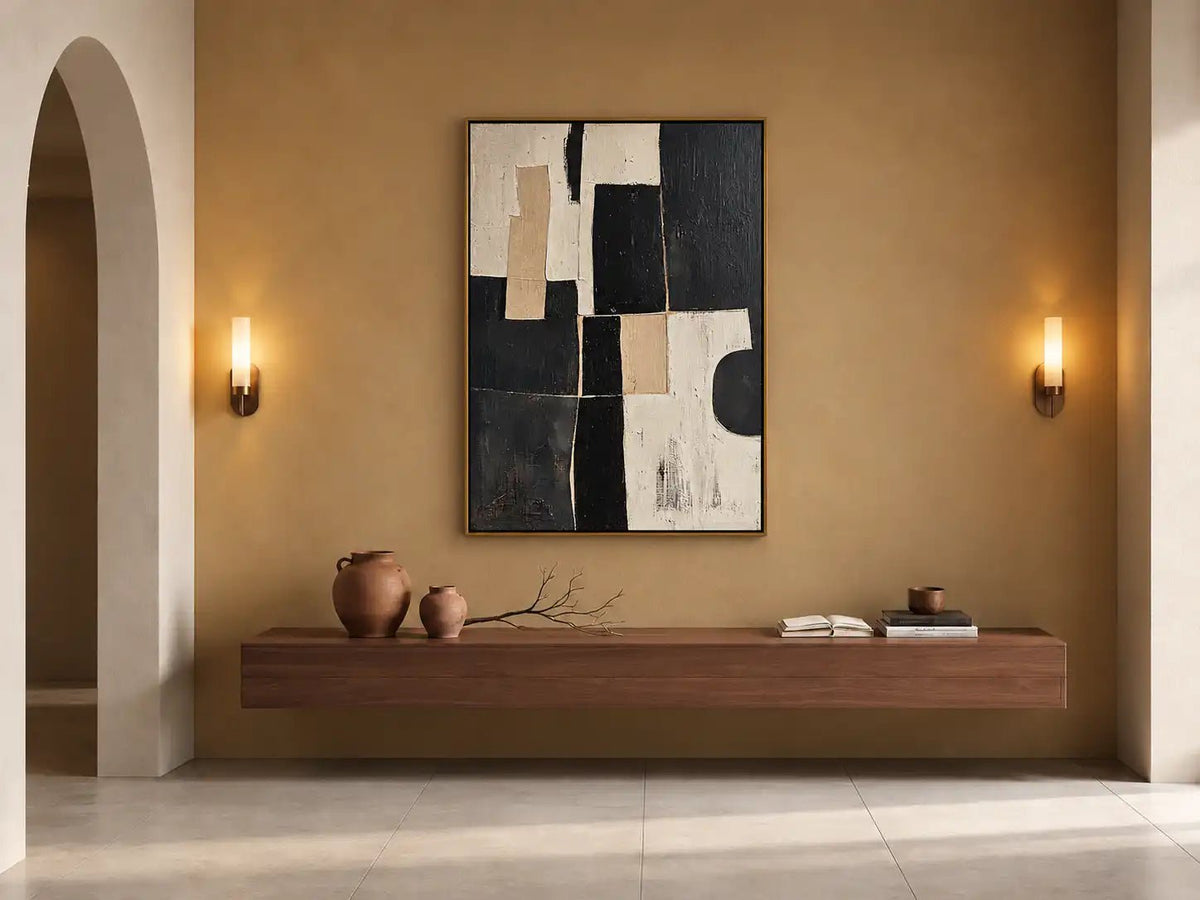 Abstract Oil Painting - Black and Ivory Geometric Blocks Wall Art