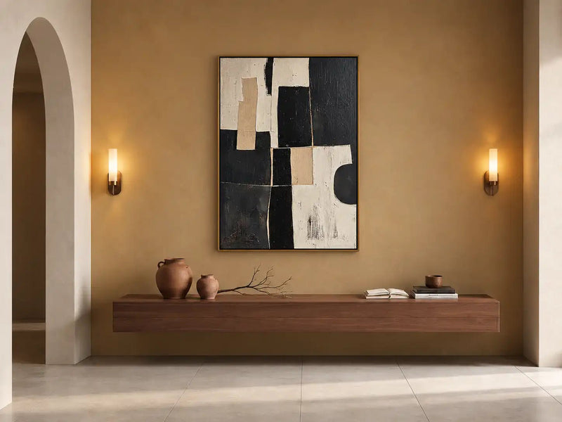 Abstract Oil Painting - Black and Ivory Geometric Blocks Wall Art