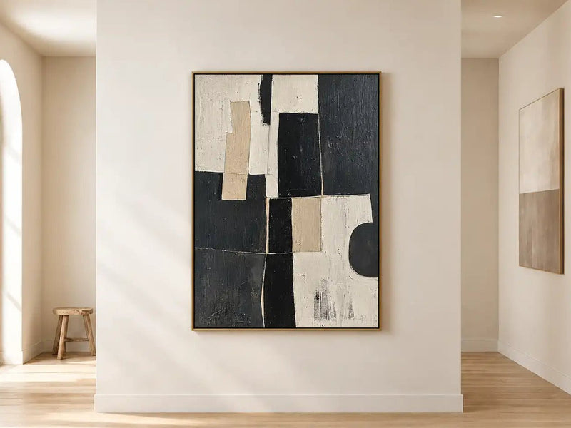 Abstract Oil Painting - Black and Ivory Geometric Blocks Wall Art