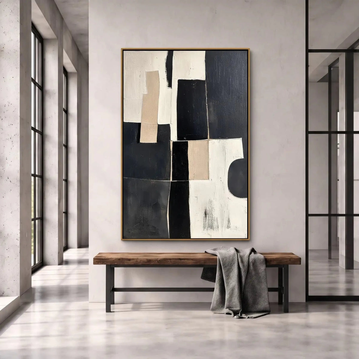 Abstract Oil Painting - Black and Ivory Geometric Blocks Wall Art