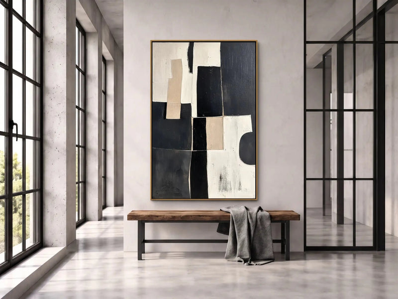Abstract Oil Painting - Black and Ivory Geometric Blocks Wall Art