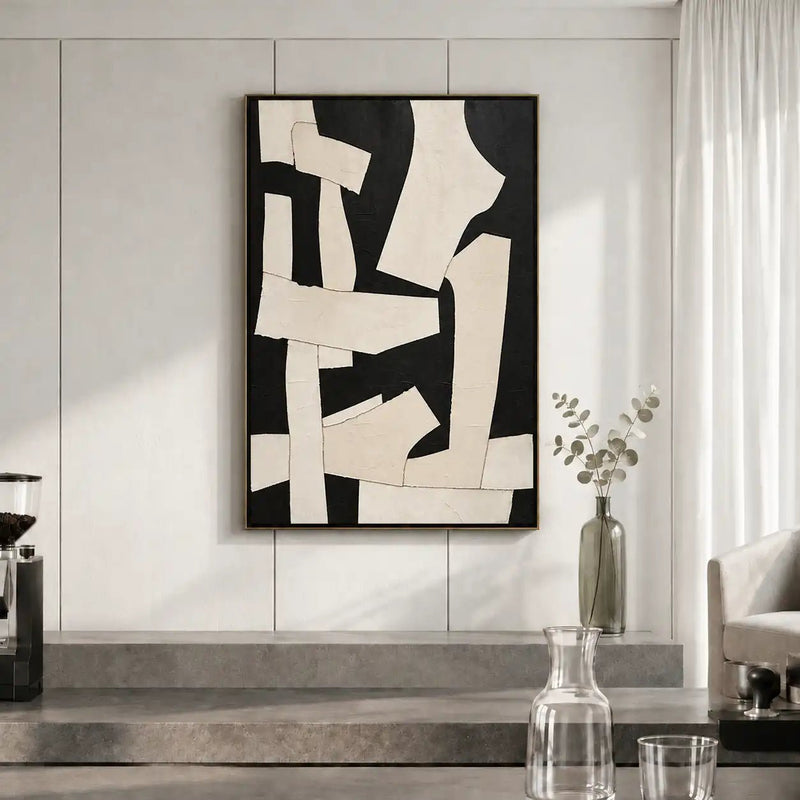 Abstract Oil Painting - Black and Ivory Textured Geometric Art