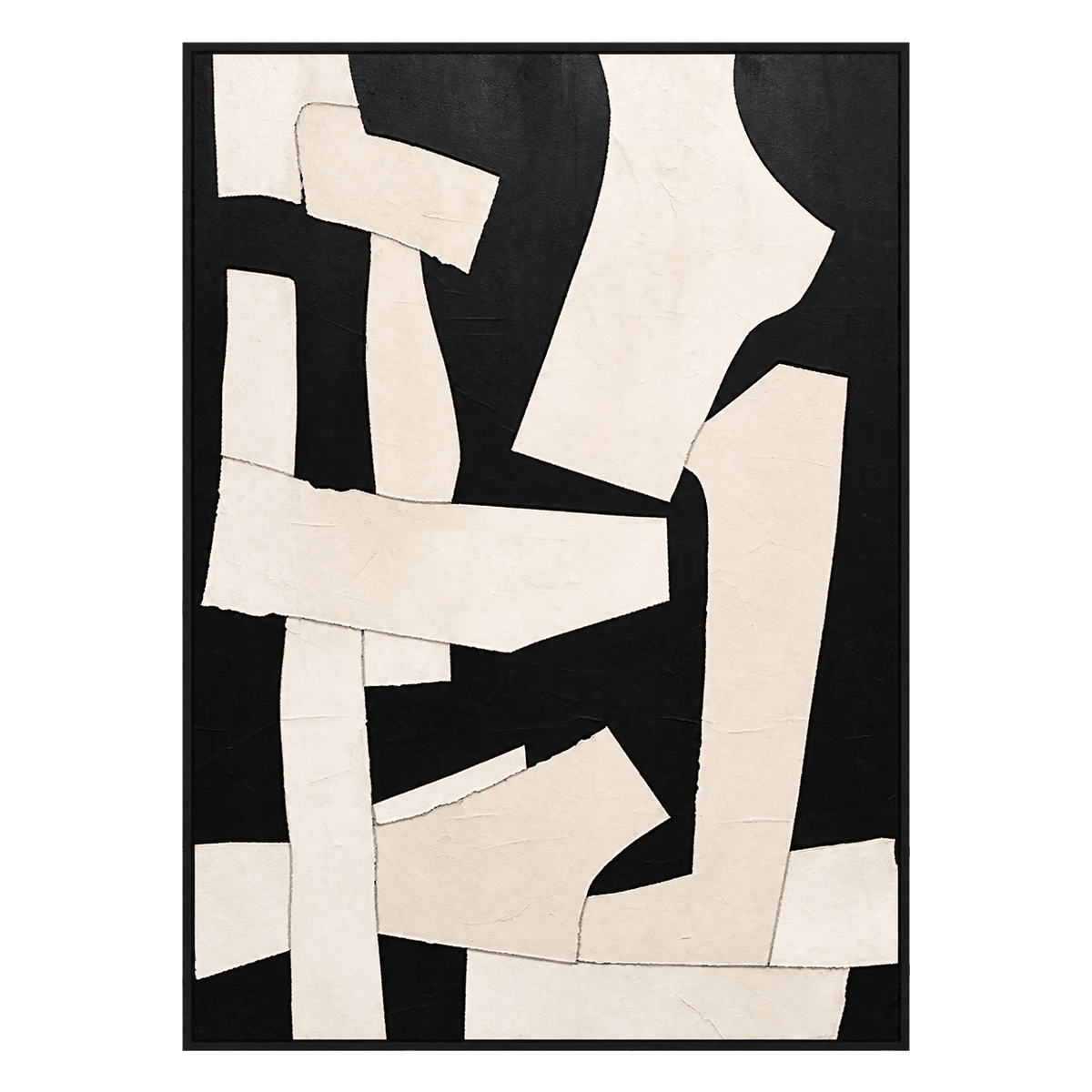 Abstract Oil Painting - Black and Ivory Textured Geometric Art