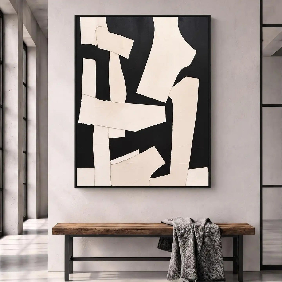 Abstract Oil Painting - Black and Ivory Textured Geometric Art