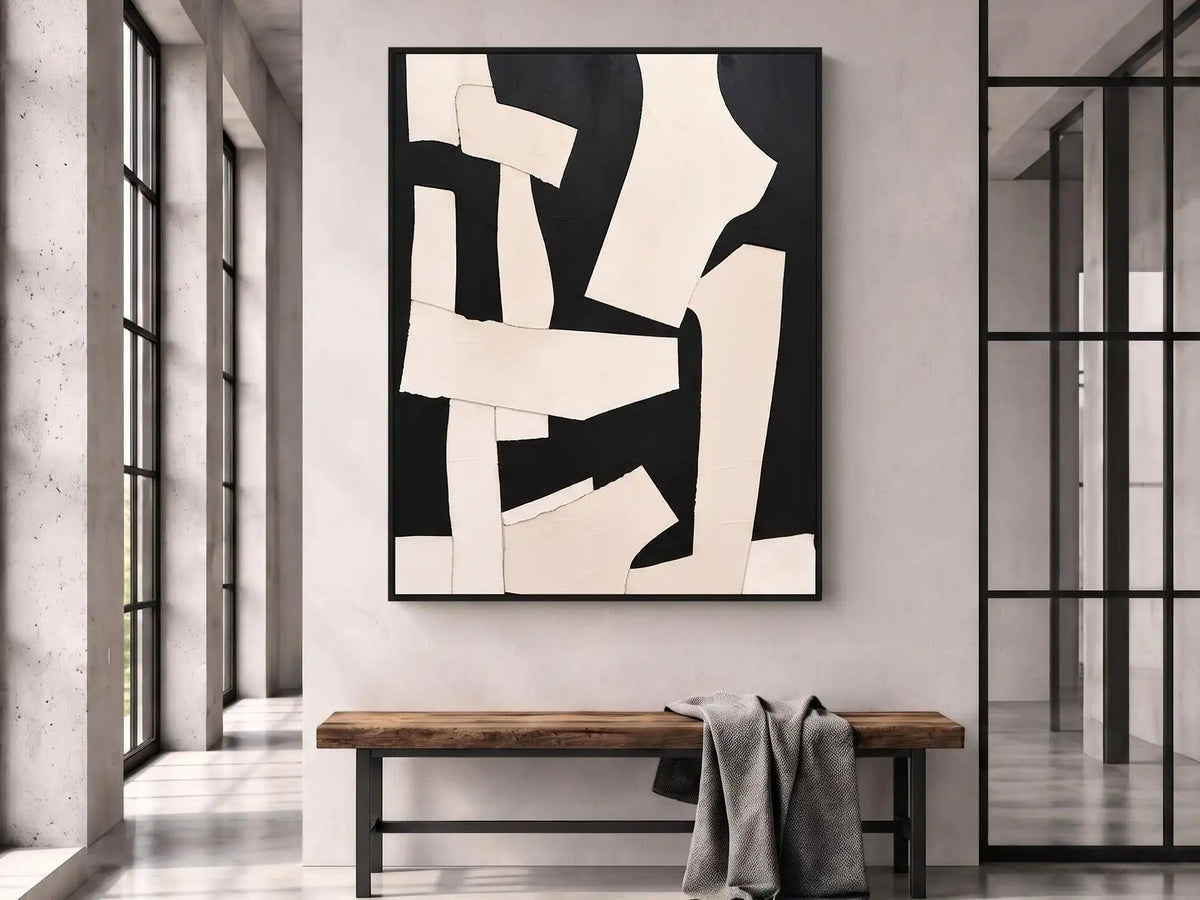 Peinture à l’huile abstraite – Composition géométrique noire et ivoire en relief