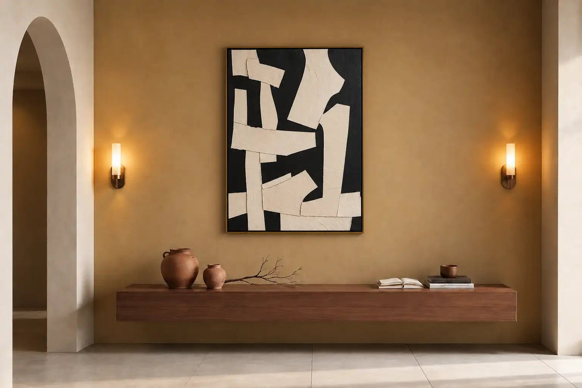Abstract Oil Painting - Black and Ivory Textured Geometric Art