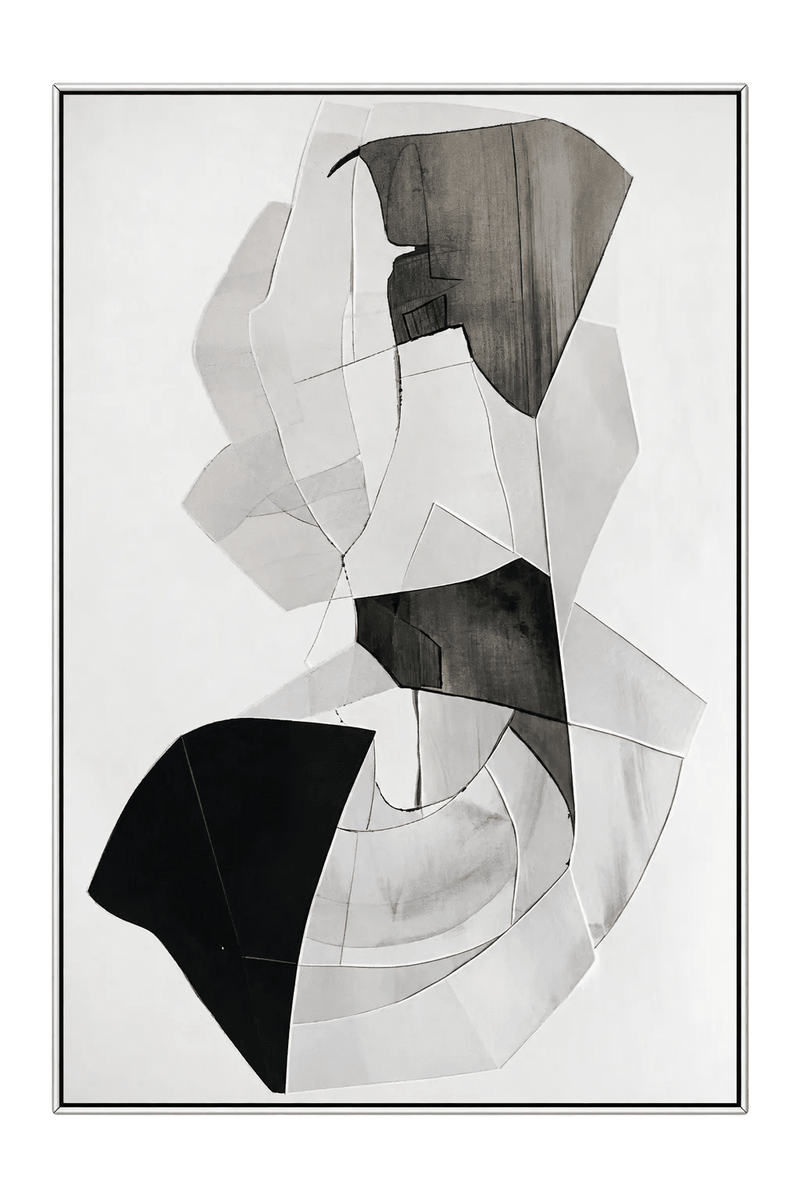 Abstract Oil Painting - Black and White Geometric Forms Hand-Painted