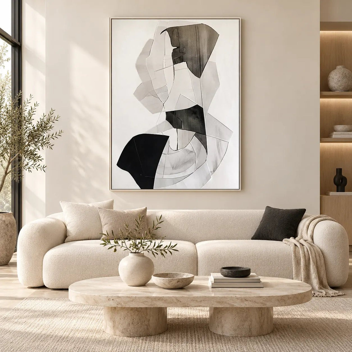Abstract Oil Painting - Black and White Geometric Forms Hand-Painted