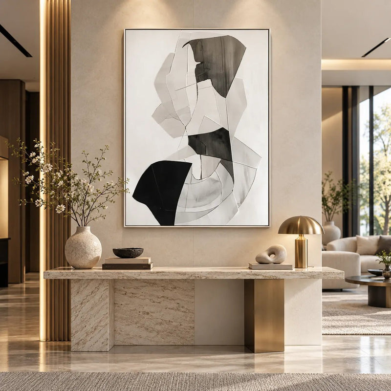 Abstract Oil Painting - Black and White Geometric Forms Hand-Painted