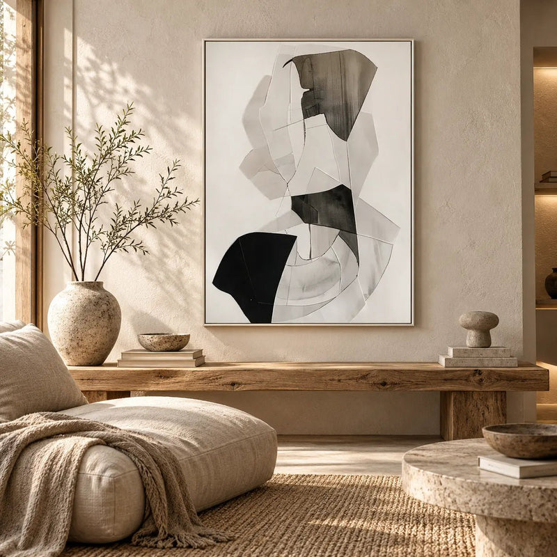 Abstract Oil Painting - Black and White Geometric Forms Hand-Painted