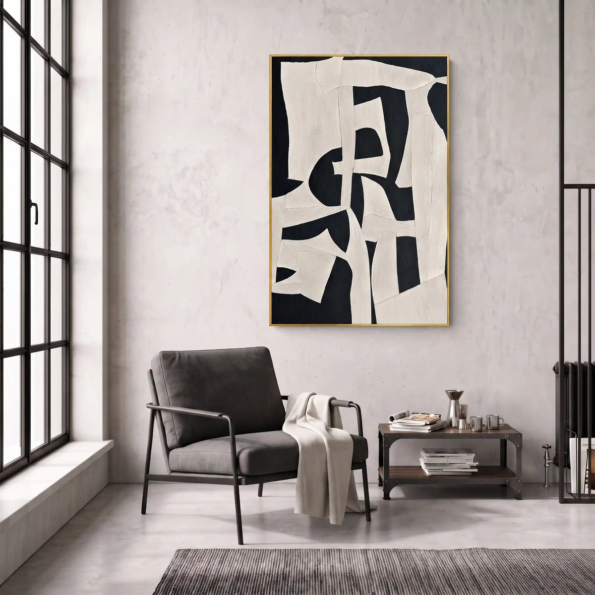 Abstract Oil Painting - Black and White Geometric Forms