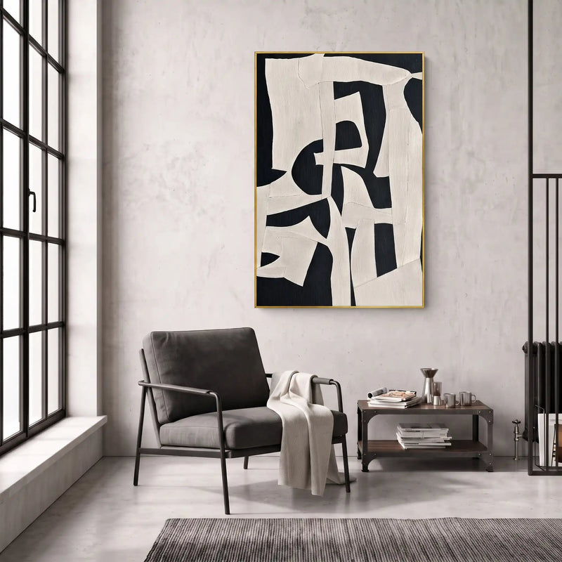 Abstract Oil Painting - Black and White Geometric Forms