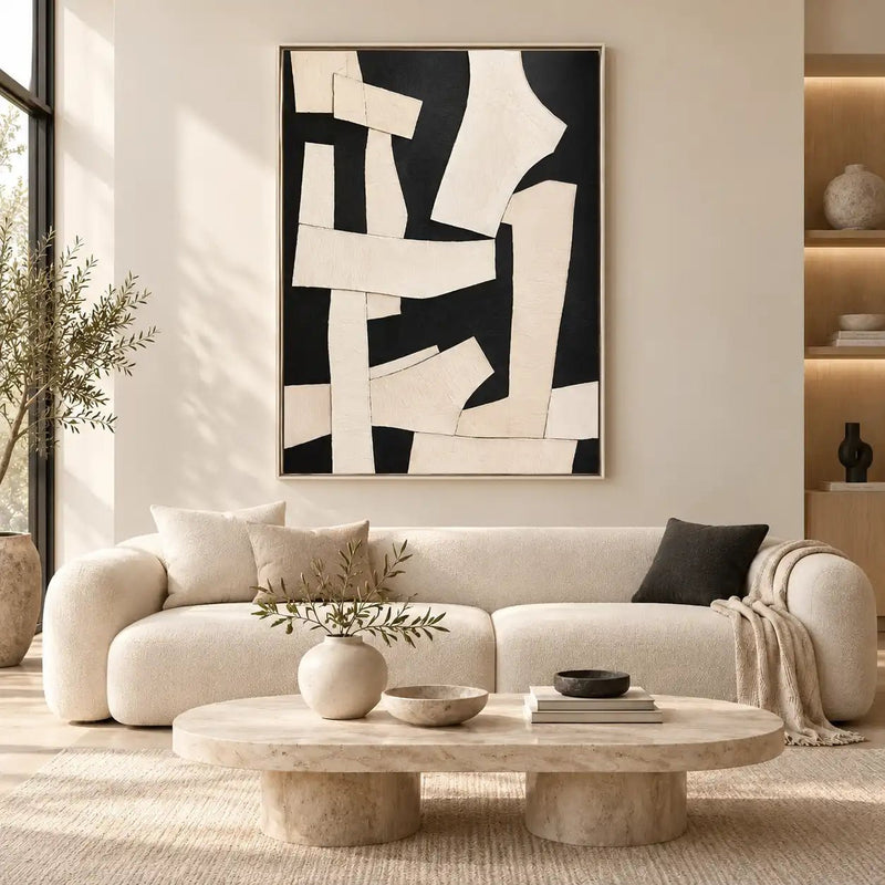 Abstract Oil Painting - Black and White Geometric Forms