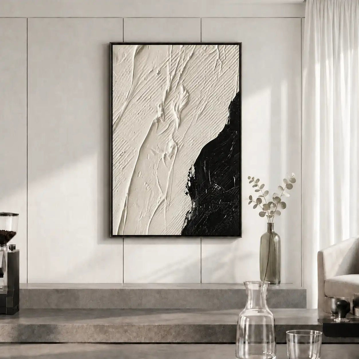 Abstract Oil Painting - Black and White Textured Canvas Wall Art