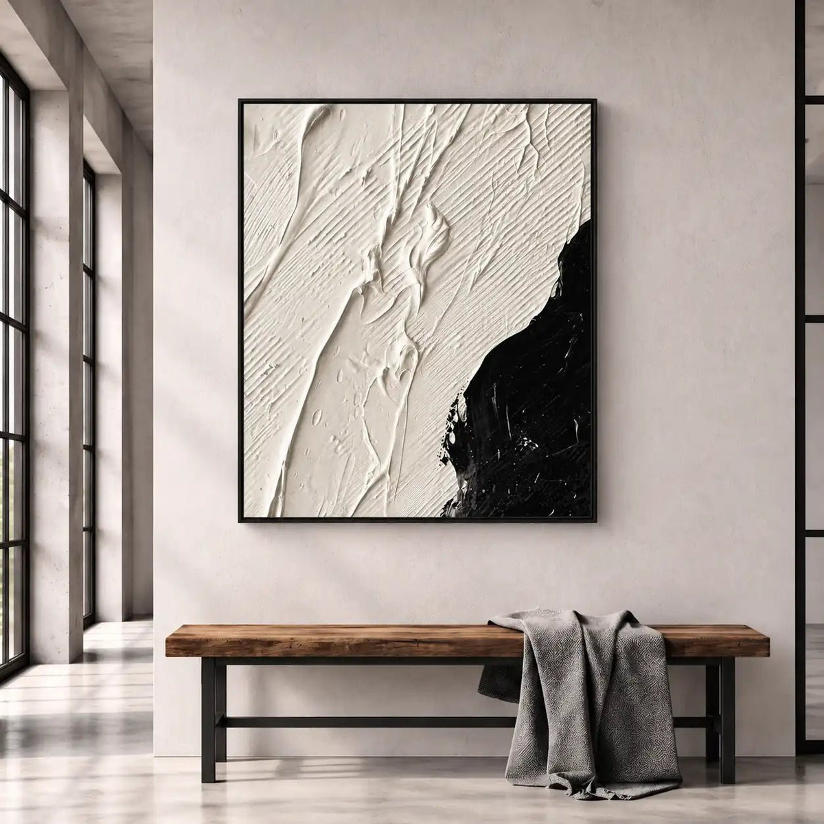 Abstract Oil Painting - Black and White Textured Canvas Wall Art