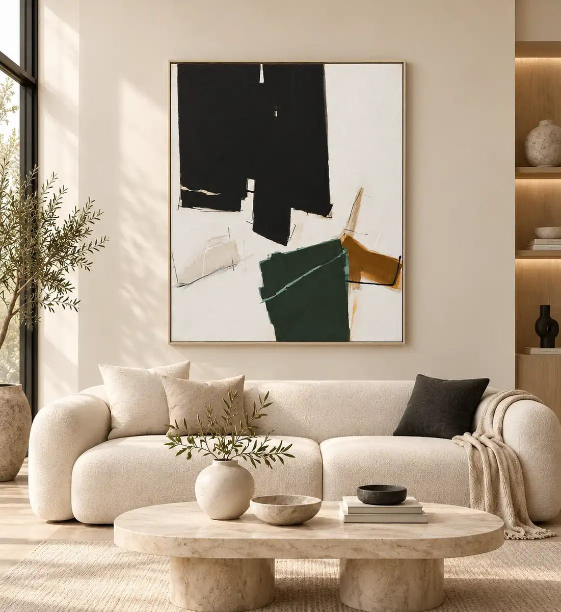Abstract Oil Painting - Black, Green and Ochre Geometric Wall Art