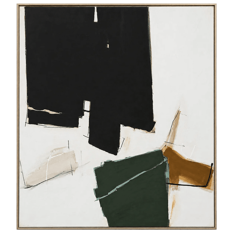 Abstract Oil Painting - Black, Green and Ochre Geometric Wall Art